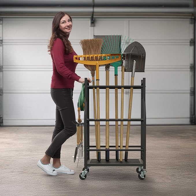 Garage Garden Tool Organizer with Wheels - Yard Tool Storage Rack with 28 Slots for Long Handles, 10 Hooks, 2 Cord Wrappers, and Locking Wheels - Shed or Garage Organization by Pure Garden