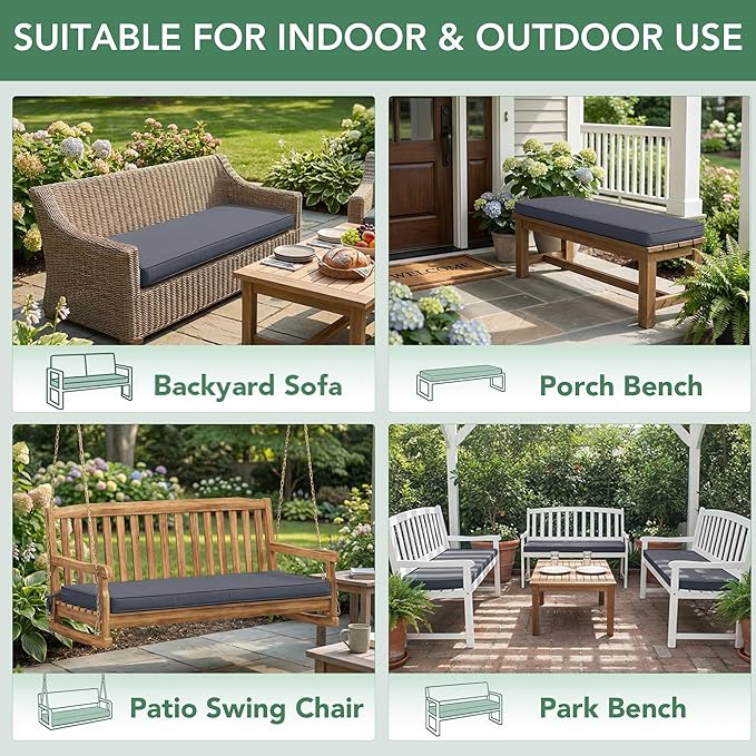 Summsun Outdoor Bench Cushion: Waterproof and Fade Resistant Patio Furniture Cushions - Non-Slip Bench Pad Cushion with Removable Cover for Garden Swing Porch Sofa Settee, 59 x 18 Inch, Dark Grey