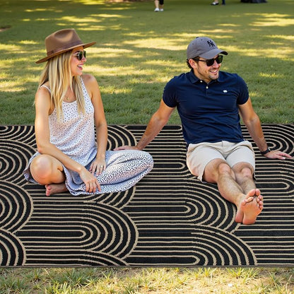 Anidaroel Patio Rugs Outdoor 6’x9’ Clearance Waterproof, Reversible Rainbow Outdoor Plastic Straw Outside Rugs, RV Outdoor Rugs for Camping, Porch, Balcony, Backyard (Black&Brown, 6‘X9')