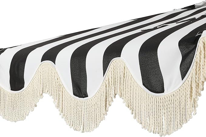 JONATHAN Y Half Umbrella UMB1201H Beverly 9 ft. Designer Classic Scalloped Fringe Market Patio with Crank, Tilt Button and UV Protection in Black/White, White Pole