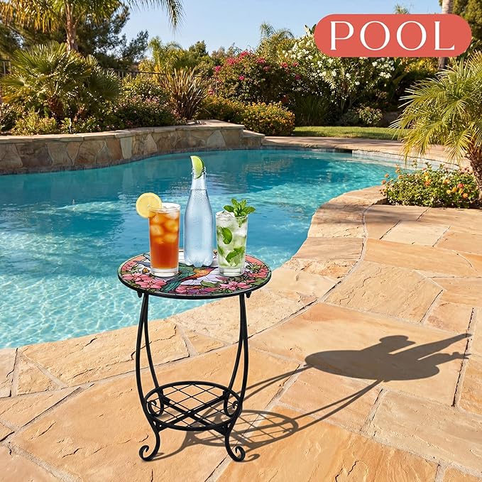 Cinnvoice Outdoor Side Table Round Small Mosaic Patio Accent Indoor End Plant Coffee Tea Table for Yard Patio Porch Garden Living Room, Bedroom(Hummingbird Style,16 Inch)