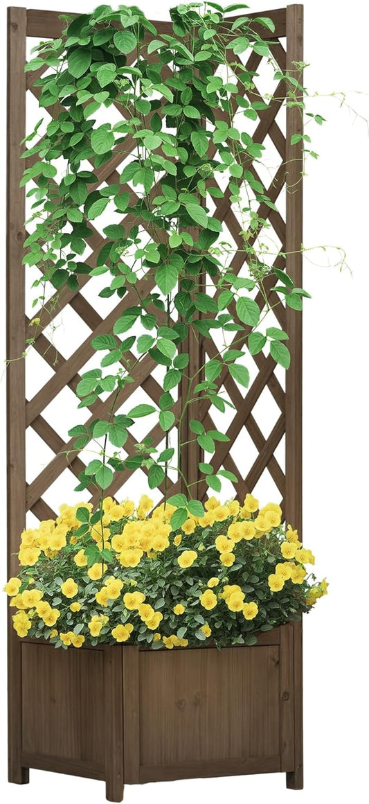 Outsunny Wooden Raised Garden Bed with Trellis, 57" Freestanding Corner Planter Box for Vine Plants Flowers Climbing and Planting Carbonized