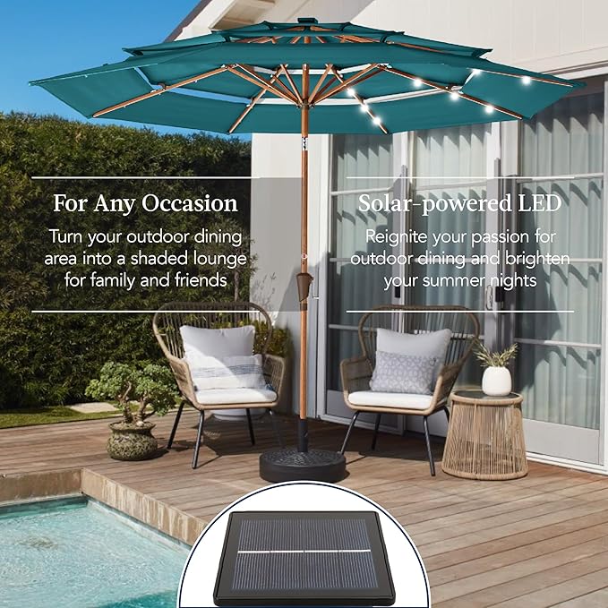 Best Choice Products 10ft 3-Tier Solar Patio Market Umbrella, Outdoor Sun Shade for Backyard, Deck, Poolside, Table w/Woodgrain Pattern, LED Lights, Tilt Adjustment - Cerulean