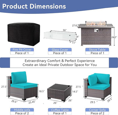 9 Pieces Outdoor Patio Furniture Set with 43" 55000BTU Gas Propane Fire Pit Table & Swivel Rocking Chairs, PE Wicker Rattan Outdoor Sectional Patio Set, Outdoor Patio Conversation Set, Blue