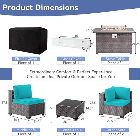 9 Pieces Outdoor Patio Furniture Set with 43" 55000BTU Gas Propane Fire Pit Table & Swivel Rocking Chairs, PE Wicker Rattan Outdoor Sectional Patio Set, Outdoor Patio Conversation Set, Blue
