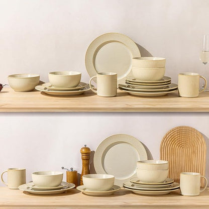 TheTerra Ceramic Dinnerware Set for 4, 12-Piece Plates and Bowls Set | Lightweight Porcelain Dish Set, Scratch Resistant, Oven & Microwave & Dishwasher Safe, Cream Latte