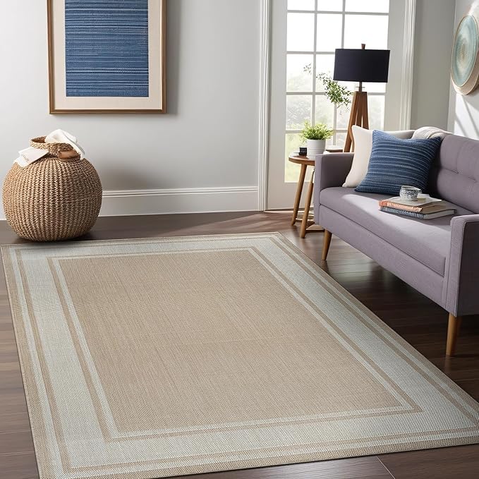 Beverly Rug Outdoor Rug 8x10 Modern Bordered Area Rugs for Indoor and Outdoor Patio Deck Porch Garden Waterproof Weather Sun Resistant Washable Outside Carpet (8 x 10 Beige)