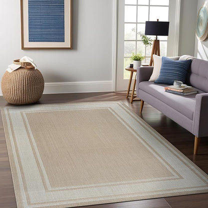 Beverly Rug Outdoor Rug 8x10 Modern Bordered Area Rugs for Indoor and Outdoor Patio Deck Porch Garden Waterproof Weather Sun Resistant Washable Outside Carpet (8 x 10 Beige)