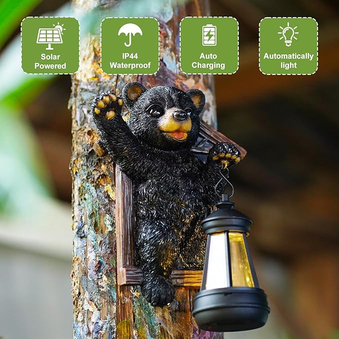 Bear Tree Hugger with Solar Lantern - Resin Bear Statue for Outdoor Garden Decor - Ideal Housewarming & Birthday Gifts for Grandma Mom Women