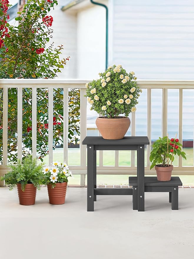 LUE BONA Outdoor Side Table, 2-Tier HDPS Outdoor Nesting End Table with Removable Small Foot Stool for Patio, Deck, Poolside, Low Maintenance & Weather Resistant,Dark Gray