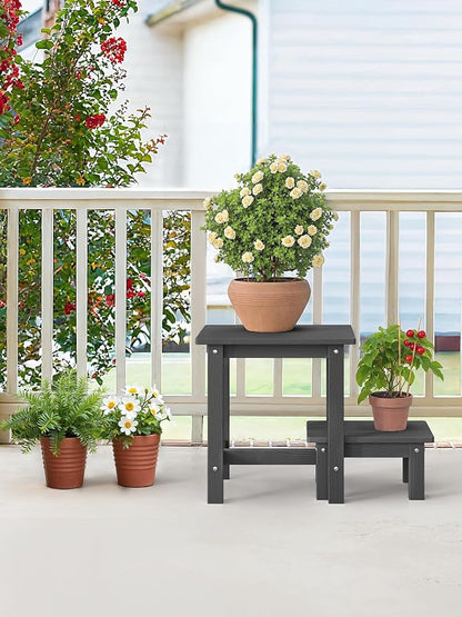 LUE BONA Outdoor Side Table, 2-Tier HDPS Outdoor Nesting End Table with Removable Small Foot Stool for Patio, Deck, Poolside, Low Maintenance & Weather Resistant,Dark Gray