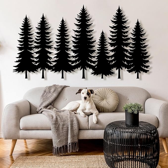 lunwall Metal Pine Tree Wall Art, Metal Forest Wall Art, Pine Branch Wall Decor, Christmas Tree Wall Decor, Forest Wall Hanging, Nature Lover Gift (Style 1, 69" W x 37" H / 175 x 95 cm)