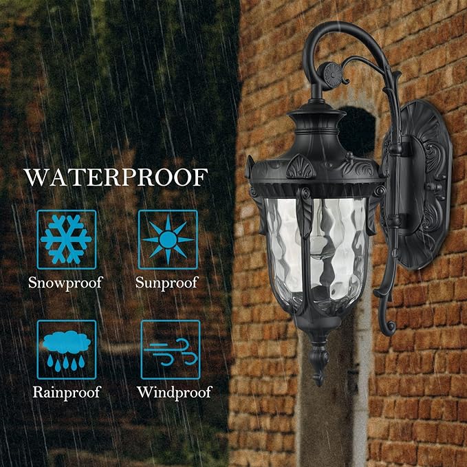 SAMTEEN Black Outdoor Wall Light Fixtures Modern Farmhouse 1-Light Outdoor Wall Sconce with Hammered Glass Wall Lantern Light for Porch Garage Courtyard, 16-Inch
