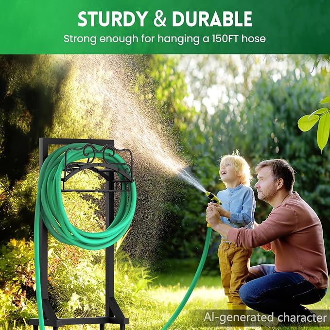 Garden Hose Holder, Heavy Duty Metal Water Hose Holder with 4 Spikes Outdoor Freestanding Hose Hanger Detachable Sturdy Hose Stand Holds 150-feet Hose, Garden Hose Storage Rack for Outside Yard Lawn