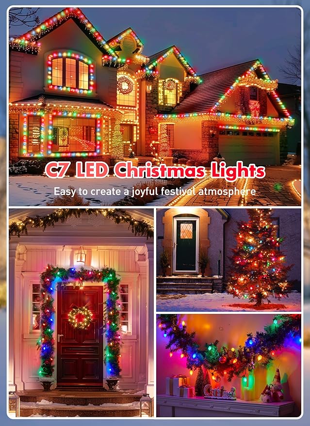 Multicolor C7 LED Christmas Lights Outdoor, 100FT Colorful Christmas String Lights with 100+4 Plastic Bulbs, Traditional Hanging Holiday Lights for Christmas Tree Patio Fence Roofline Xmas Decorations