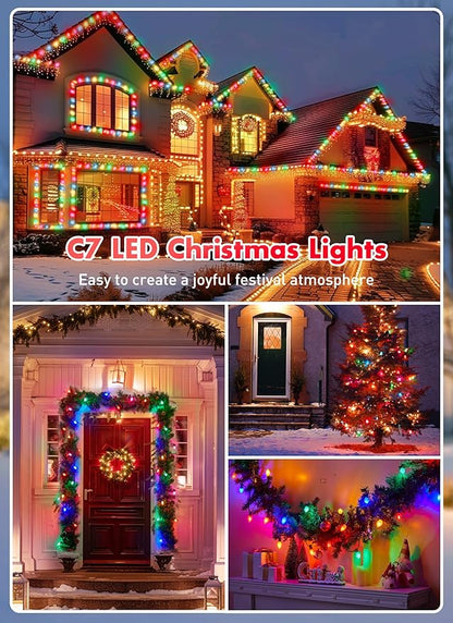Multicolor C7 LED Christmas Lights Outdoor, 100FT Colorful Christmas String Lights with 100+4 Plastic Bulbs, Traditional Hanging Holiday Lights for Christmas Tree Patio Fence Roofline Xmas Decorations