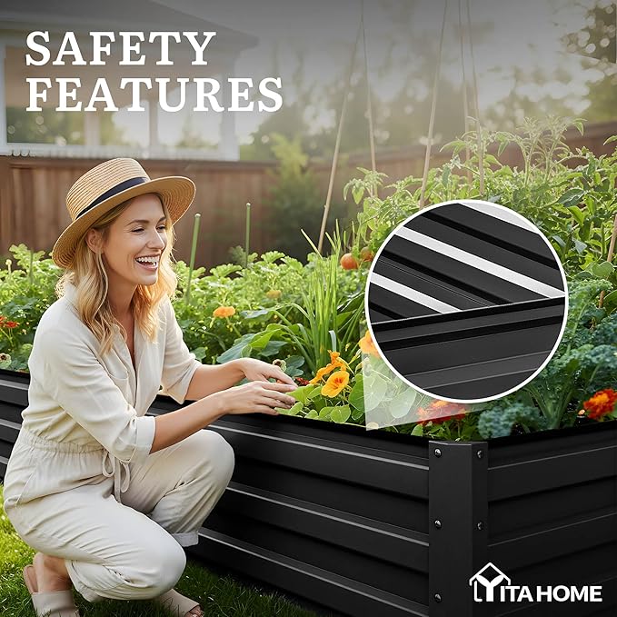 YITAHOME 12x4x1ft 2pcs Large Raised Garden Bed Kit, Galvanized Metal Planter Box with Gloves, Ground Nails, Support Rod, Outdoor Above Ground Planters for Plants Vegetables Flowers, Black