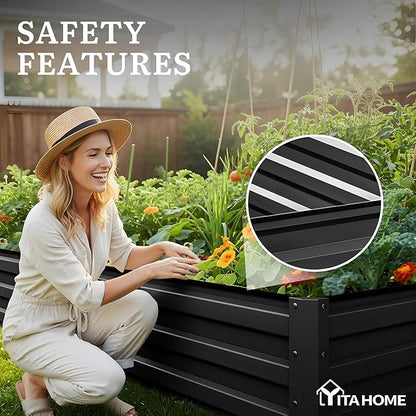 YITAHOME 12x4x1ft 2pcs Large Raised Garden Bed Kit, Galvanized Metal Planter Box with Gloves, Ground Nails, Support Rod, Outdoor Above Ground Planters for Plants Vegetables Flowers, Black