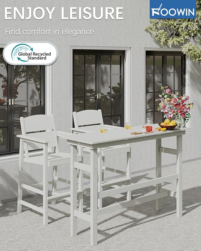 FOOWIN 3 Piece Outdoor Bar Height Table and Chairs, All Weather HDPE Patio Bar Set Outdoor Bistro Set,Adirondack Bar Chairs Set of 2 Outdoor Furniture for Bistro, Poolside, Backyard White