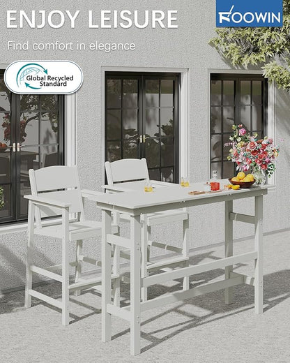 FOOWIN 3 Piece Outdoor Bar Height Table and Chairs, All Weather HDPE Patio Bar Set Outdoor Bistro Set,Adirondack Bar Chairs Set of 2 Outdoor Furniture for Bistro, Poolside, Backyard White
