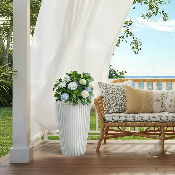 20" Resin Planters Large Matt Flower Pots Outdoor Set of 2 Indoor Pots for Plants with Handmade Fluted Texture Heavy-Duty Garden Pot with Drainage Hole for Patio, Porch or Living Room, White