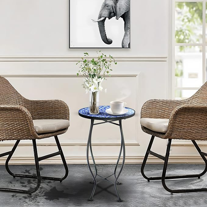 Arbuxzuy 2PCS 12 Inch Small Outdoor Side Table with Blue-White Mosaic, Glass Mosaic Patio Table Indoor, Round Plant Coffee Table for Living Room, Balcony, Garden