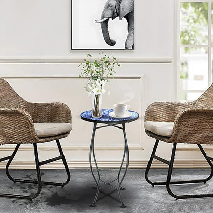 Arbuxzuy 12 Inch Small Outdoor Side Table with Blue-White Mosaic, Glass Mosaic Patio Table Indoor, Round Plant Coffee Table for Living Room, Balcony, Garden