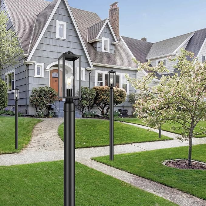 Outdoor Post Light Fixture, 16 Inch Tall Modern Exterior Square Pillar Lantern with Clear Glass, Transitional Black Pier Mount Lamp, Contemporary Pole Light for Garden, Backyard, Patio, Pathway
