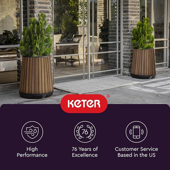 Keter Signature Conic 23.8 Inch Tall Round Large Wood Look Planter for Indoor or Outdoor Flower Pot Ideal for Patio Deck and Front Porch Decor, Rosewood