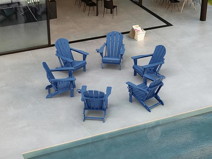 Ciokea Folding Adirondack Chair 6 Pack, Patio Adirondack Chair Weather Resistant, Plastic Fire Pit Chair with Cup Holder, Lawn Chair for Outdoor Porch Garden Backyard Deck (Royal Blue)