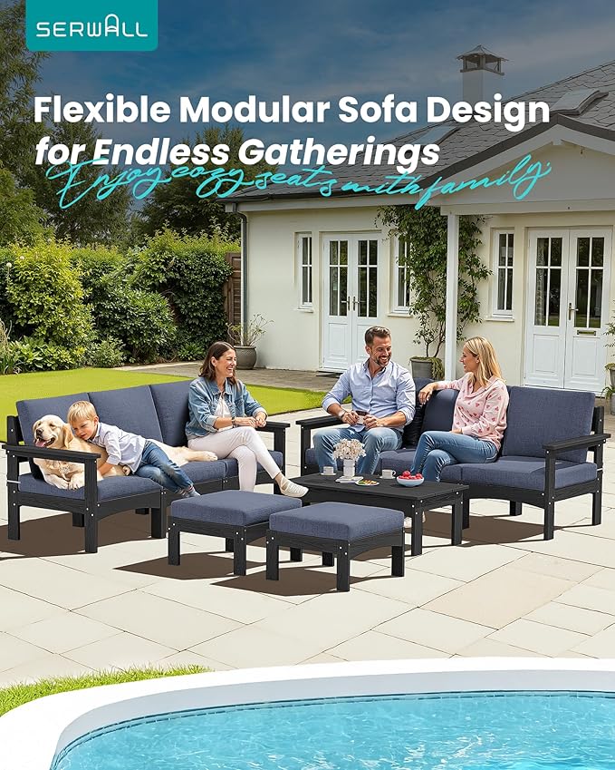 SERWALL 9 Pieces Patio Furniture Set, HDPE Outdoor Sectional Sofas, Outdoor Couch Set with Cushions and Coffee Table, Extra-Large Modular Conversation Set for Garden, Black Frame with Grey Cushion