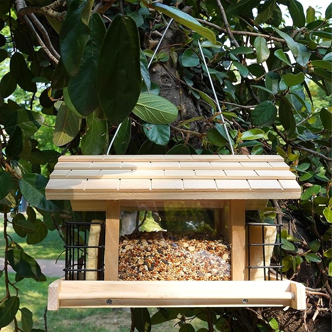 Wooden Bird Feeder for Outdoors Hanging Mount Large Capacity, Pine Garden Roof Feeder with 2 Suet Cages, Cardinal Bluebird Birdfeeder for Garden Decoration Yard, Weatherproof Durable