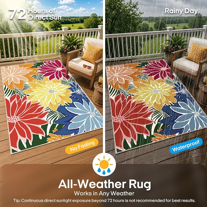ZonLi Colorful Outdoor Rug 8x10Ft Waterproof Multicolored Indoor Area Rug Washable Outdoor Patio Rugs Tropical Floral Non Slip Outdoor Carpet for Living Room, Pool,Backyard,Deck,Camping