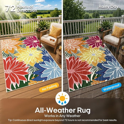 ZonLi Colorful Outdoor Rug 8x10Ft Waterproof Multicolored Indoor Area Rug Washable Outdoor Patio Rugs Tropical Floral Non Slip Outdoor Carpet for Living Room, Pool,Backyard,Deck,Camping