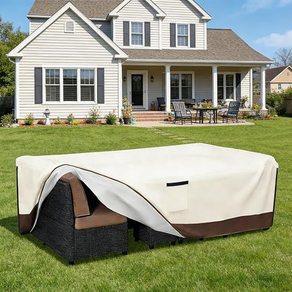 Patio Furniture Covers Waterproof,600D Heavy Duty Patio Cover for 6/7/8 PCS Sets Sectional Sofa Couch Dining Rocking Swivel Chairs Ottomans Coffee Table,126L x 63W x 28H inch Beige & Brown
