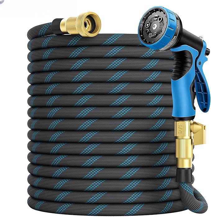 Garden Hose 100 ft, 2025 Upgarded Flexible Water Hose 100ft With 10-Pattern Spray Nozzle, Kink-Free, Lightweight, Durable, Leak-Proof Solid Brass Fittings (Black & Blue)