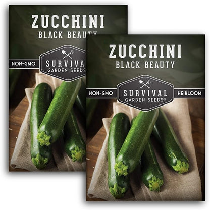 Black Beauty Zucchini Seeds for Planting - Heirloom Summer Squash Variety for Vegetable Garden Growing - High Yield Dark Green Zucchinis - Survival Garden Seeds (2 Packs)