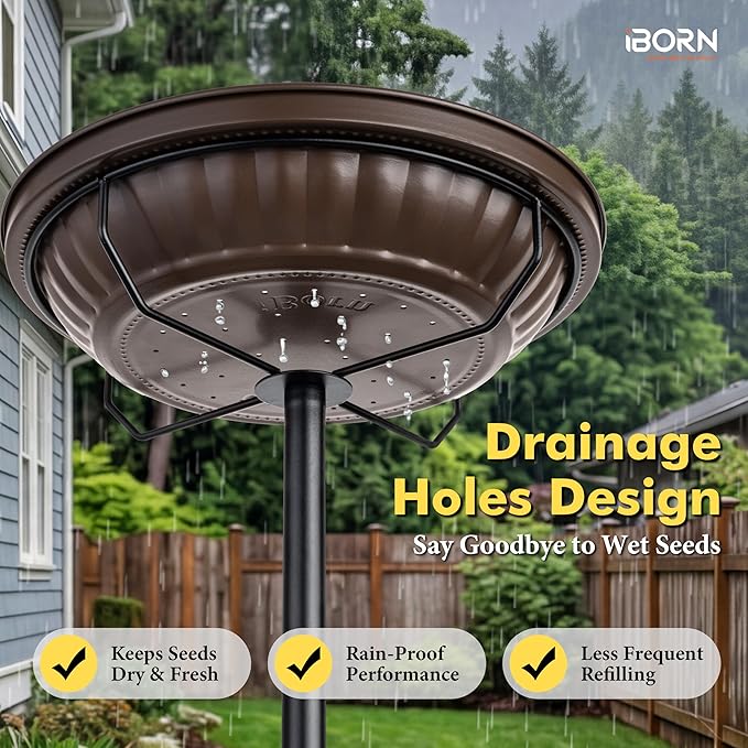iBorn Standing Bird Feeder, Metal Bird Feeder Tray Stand with 5-Pronged Base, 37.4" Ground Height Heavy Duty Feeder Stand, 11.2" Detachable Bird Feeder with Pole for Outdoor Garden Yard Lawn, Bronze