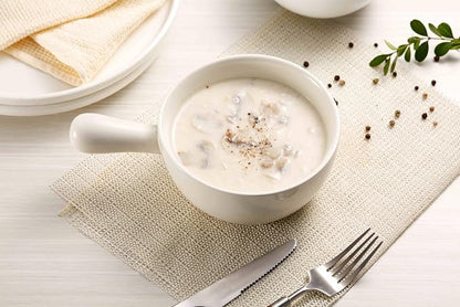 Kook French Onion Soup Crocks, Stackable Ceramic Bowls with Handles, Oven, Microwave and Dishwasher Safe, for Cereal, Soups, Casseroles, with Handle, Stoneware, 24 oz, Set of 4, White