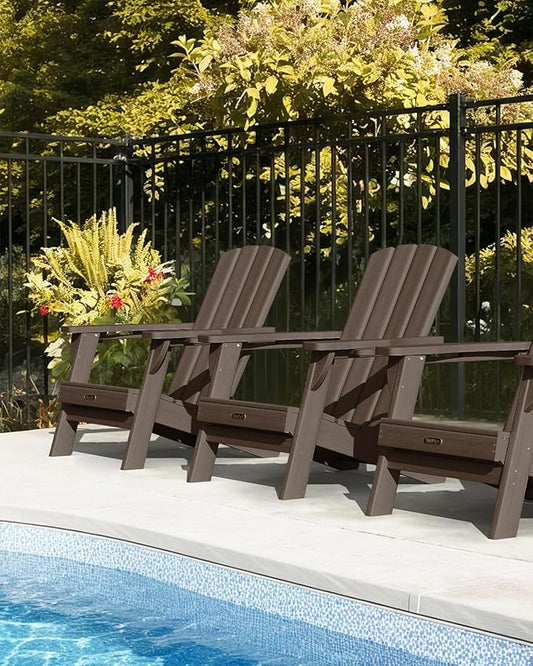 Folding Adirondack Chair 4 Pack, HDPE All-Weather Fire Pit Chairs, Plastic Adirondack Chairs with 2 Cup Holder, Outdoor Lawn Chair for Patio Garden (Brown)