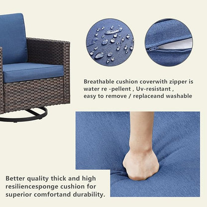Rilyson Outdoor Patio Swivel Rocker Chairs - 3 Piece Wicker Patio Furniture Bistro Swivel Rocking Chairs Set with Comfortable Cushions,Sturdy Metal Frame and Side Table for Porch Deck(Brown/Blue)