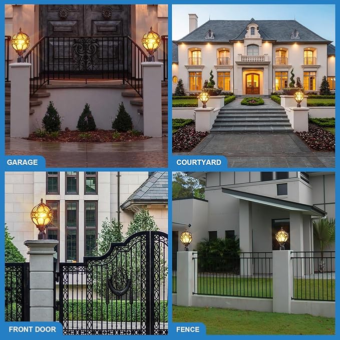 Soccer Ball Outdoor Post Light for Lawn Porch Yard Driveway, Black Globe Outside Pier Mount Post Light Fixtures, Waterproof Sphere Lamp Post Light, Exterior Pole Mount Light(Large,2 Pack)