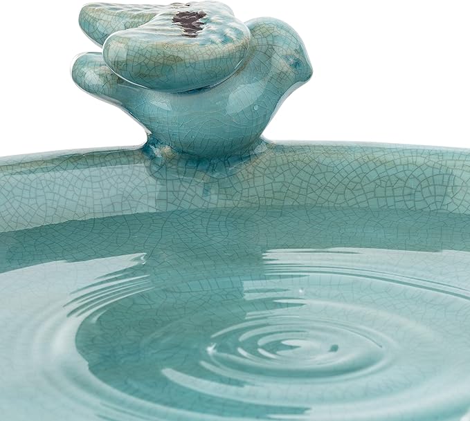 Alpine Corporation 25" Tall Outdoor Ceramic Antique Pedestal Birdbath with 2 Bird Figurines, Turquoise