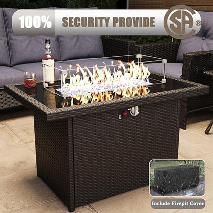 LayinSun 10 Piece Wicker Patio Furniture Set with Fire Pit Table, Classis Outdoor Conversation 360 Degree Swivel Chairs Set with Coffee Table