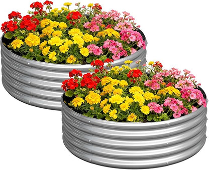 zizin 2 Pack Galvanized Raised Garden Bed Metal Round Raised Garden Beds Outdoor Planter Box for Vegetables (4FT, Silver)