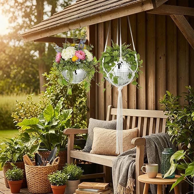 Novabright 2 Pcs 6" Self Watering Disco Ball Planters, Mirror Disco Ball Hanging Planter Flower Pots with Chain and Rope, Self Watering Insert, Wooden Hook for Stand for Desk and Extra Mirror Pieces