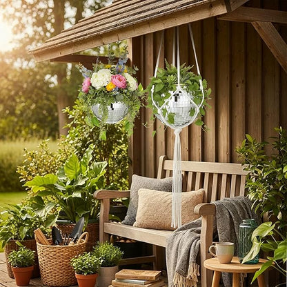 Novabright 2 Pcs 6" Self Watering Disco Ball Planters, Mirror Disco Ball Hanging Planter Flower Pots with Chain and Rope, Self Watering Insert, Wooden Hook for Stand for Desk and Extra Mirror Pieces