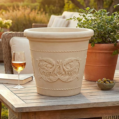Sunnydaze 19.5-Inch Arabella Large Plastic Pot for Plants - Outdoor Double-Walled Polyresin Large Plastic Planter with Drillable Drainage Holes - Antique White