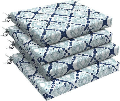LVTXIII Outdoor Chair Cushions 18.5"x16"x2" Pack of 4, Water-Repellent Square Corner Memory Foam Seat Cushions with Ties for Garden Patio Furniture, Boho Geometry Blue