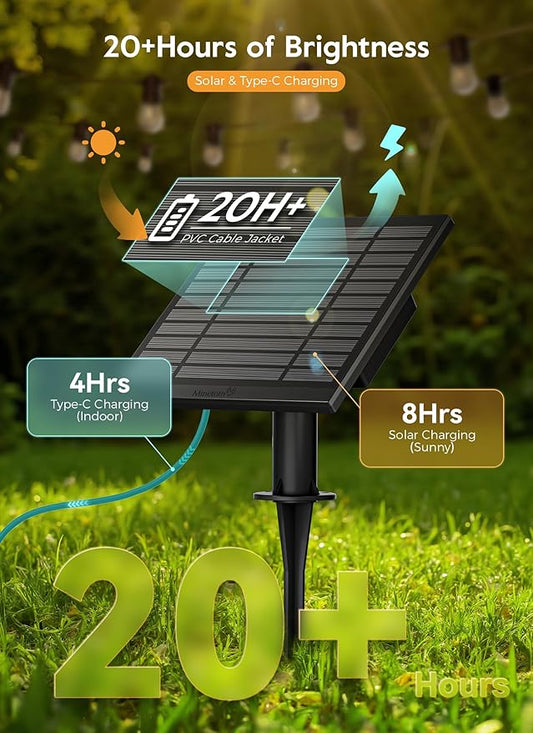 Minetom 100FT Solar-String-Lights-Outdoor-Waterproof, 31+2LED S14 Shatterproof Bulb, Patio Lights with Remote Type-C Port Timable, 3 Light Modes Dimmable Solar String Lights for Outside, Yard, Camping